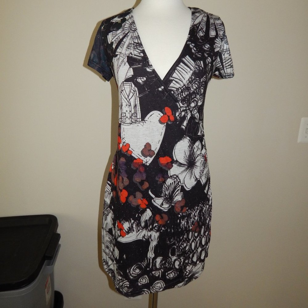DESIGUAL Abstract Floral Black Red Lined Short Sleeve Dress SMALL